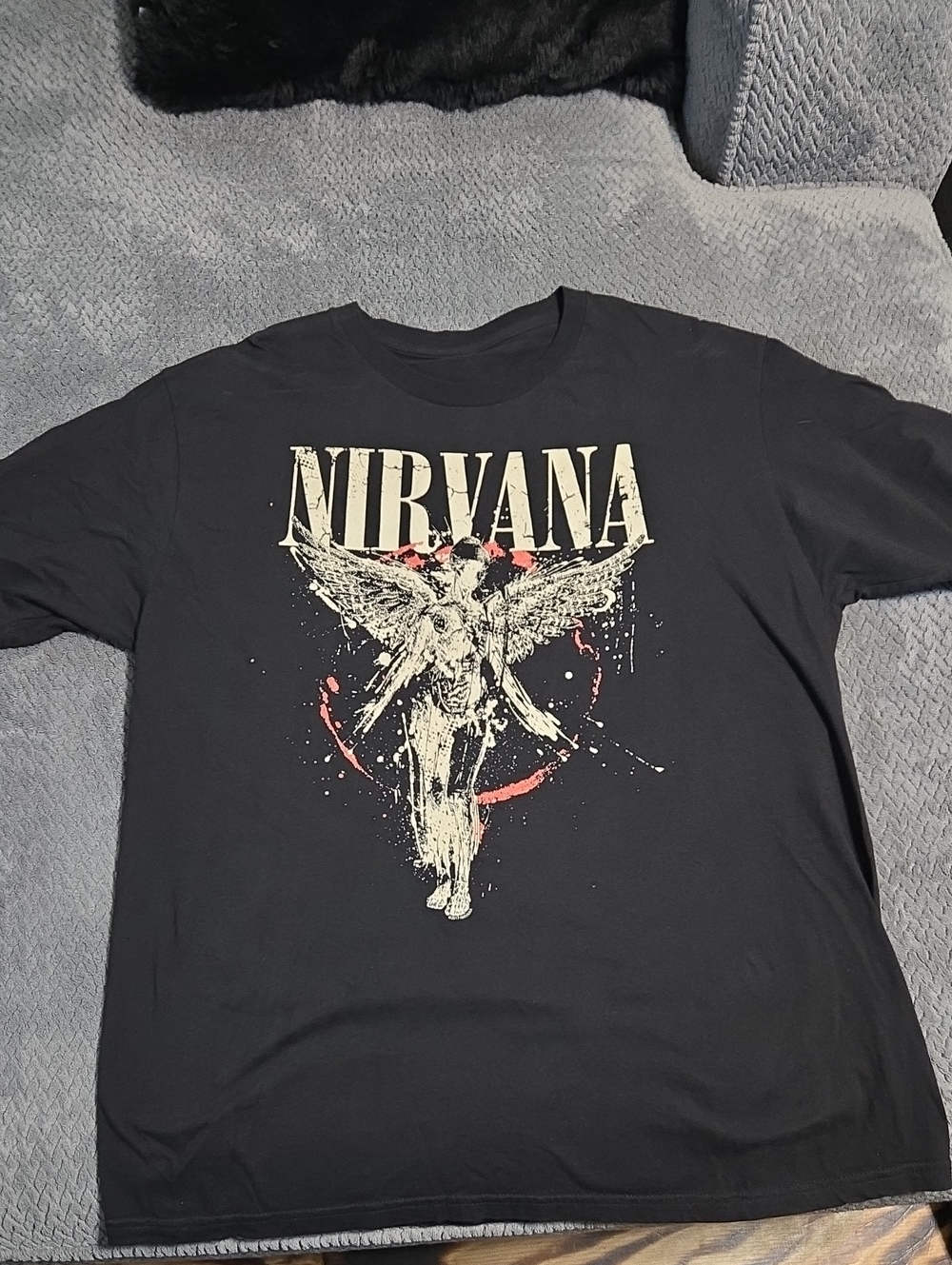NIRVANA Black Short Sleeve Tee with Angel Graphic and Red Accents